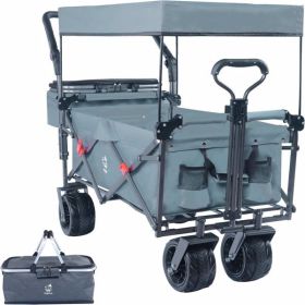 Collapsible Wagon Heavy Duty Folding Wagon Cart with Removable Canopy, 4" Wide Large All Terrain Wheels, Brake, Adjustable Handles (Color: as picture)